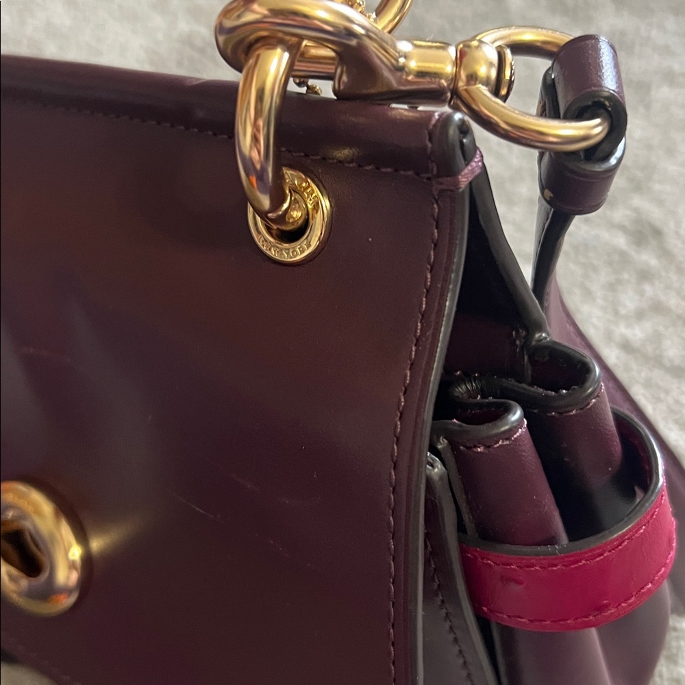 Coach Burgundy Leather Turnlock Shoulder Bag Gold HW Crossbody Pink Accent - Picture 11 of 11